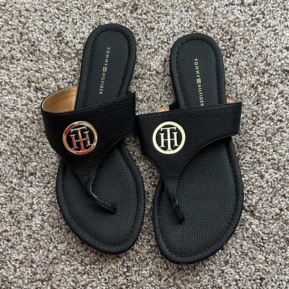 Tommy Hilfiger Black Slides with Gold Emblem